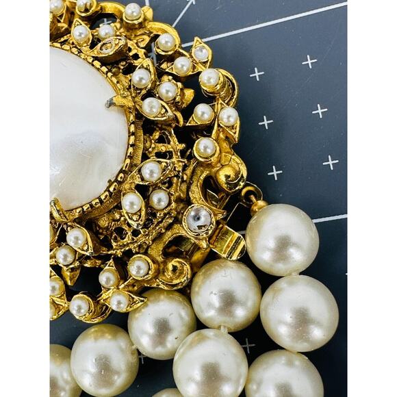 VTG Florenza Necklace Faux Pearl Cabochon Clasp Three Strand 8mm Estate Jewelry - Picture 11 of 14